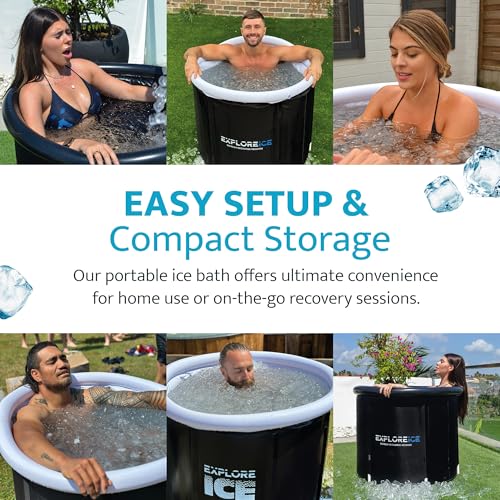 Explore Ice Bath Pro Max Extra Large Outdoor Inflatable Portable Athlete Cold Water Therapy Plunge Barrel Bath Tub with Lid and Carry Bag, Black/White