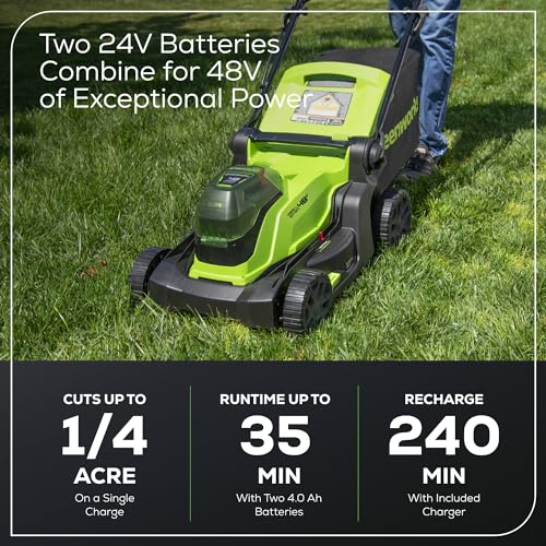 Greenworks 48V (24V x 2) 17" Brushless Cordless Push Lawn Mower, Includes (2) 4.0Ah Batteries and Dual Port Rapid Charger((200+ Compatible Tools, 45Min Runtime)