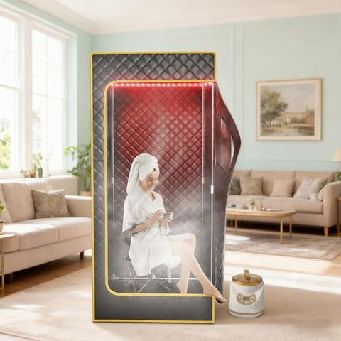 ANLIK Red Light Portable Steam Sauna for Home, Infrared Sauna for Relaxation,Detoxification,1300W 3L Steamer, Full Body Sauna Tent, Dry Sauna SPA, 2.62’ x 2.62’ x 5.9’ (Yellow)