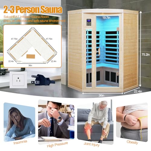 SALUSHEAT Far Infrared Wooden Sauna Room, 2-3 Person Home Sauna Canadian Hemlock Indoor Corner Sauna Spa, 2 Bluetooth Speakers, 2 LED Reading Lamp, 3 Chromotherapy Lights