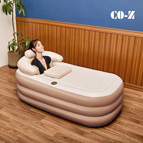 CO-Z Inflatable Bathtub with Electric Air Pump and Bath Pillow Headrest, Portable Blow Up Bath Tub for Adults, Outdoor & Indoor Freestanding Foldable Spa Tub with Cover Drainage Cup Holder,Brown