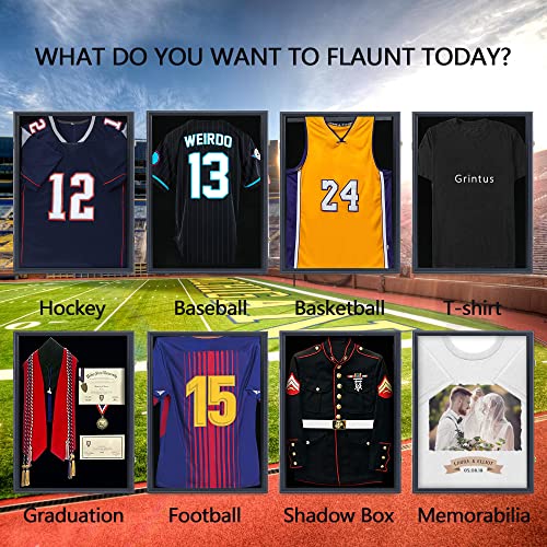 Grintus Jersey Frame Display Case Jersey Display Case Jersey Shadow Box with Uv Protection Acrylic and Hanger for Baseball Basketball Football Soccer Hockey Sport Shirt and Uniform,Black Finish