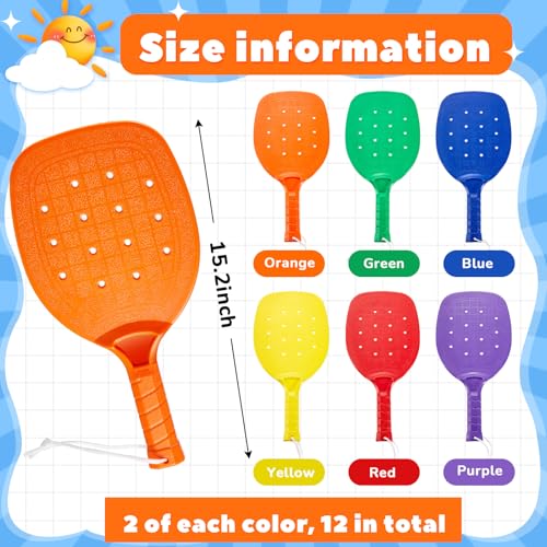 Seenelling Plastic Paddleball Racket PE Equipment for Elementary School with Lanyard Classes Equipment, 15.2 x 7.5 Inches (Yellow Orange Purple Red Blue Green,12 Pcs)
