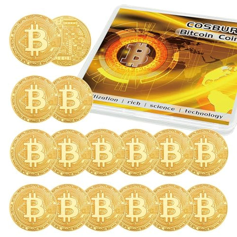 Cosbur 15Pcs Bitcoin Coin, Bitcoin Commemorative Coin, Blockchain Cryptocurrency, Collectible Coin with Protective Case, Gold Bitcoin Tokens, Home and Office Decoration (Gold)