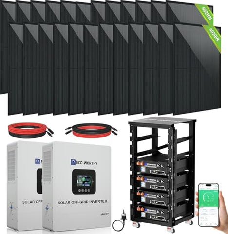 ECO-WORTHY 10000W Complete Off-Grid Solar Panel Kit for Home| 10KW 120V/240V Output Split Phase| 20.48kWh Lithium Battery with Rack| 9840 Watts Solar Panel PV