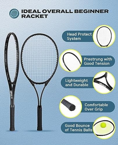 HIRALIY 27" Tennis Rackets Set for Adults,2 Player Pre-Strung Tennis Racquets,2 Overgrip Tapes,3 Balls, and 1 Carrying Bag,Outdoor Recreational Sport for Beginner,Men,Women(Black)