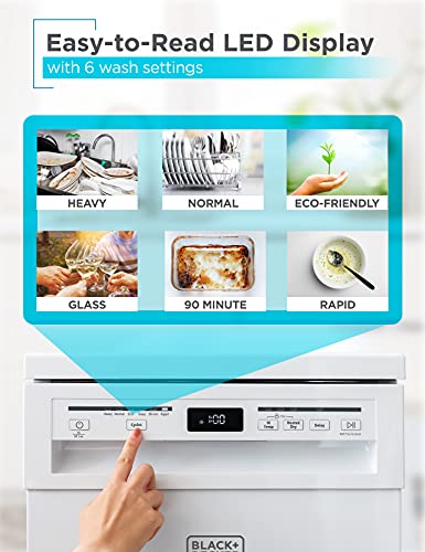 BLACK+DECKER 18” Portable Dishwasher, Compact Dish Washer with 8-Place Setting Capacity, Stainless Steel Tub, 6 Wash Programs, Worktop Space, Mobile Dishwasher with Casters, Faucet Connect, White