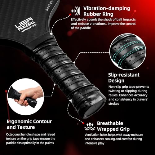 BAGAIL Pickleball Paddles, USAPA Approved Fiberglass Surface Pickleball Set, Lightweight Pickle Ball Rackets with 4 Balls, 1 Bag, Designed in California for Traction and Stability - 4 Pack, Black