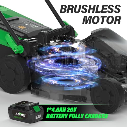 SOYUS Lawn Mower Cordless, 13 Inch 20V Electric Lawn Mowers with Brushless Motor, 5-Position Height Adjustment, 4.0Ah Battery & Charger Included
