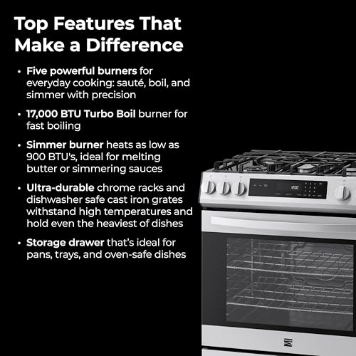 Kenmore 5.6 cu. ft. Front Control Gas Range Oven with 5 Cooktop Burners - Ultra Durable Chrome Racks, Turbo Boil, Hidden Bake, Dishwasher-Safe Grates, Storage Drawer, LP Kit - Stainless Steel