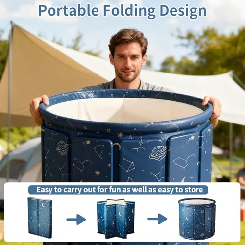 GENDLTHIJ Portable Foldable Hot Cold Bath Tub, Large Portable Hot Cold Bath Tub for Home Outdoors Gyms, Collapsible Soaking Bath Tub for Shower (77Gal) (Blue Planet Insulation Set)