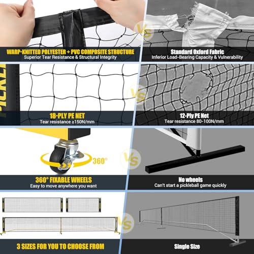 Pickleball Set Net with 4 Paddles, 6FT/11FT/22FT Portable 3-in-1 Pickle Ball Net with Carry Bag, Pickleballs, Designed for All Weather Conditions (3-in-1 Pickleball net with Rackets)