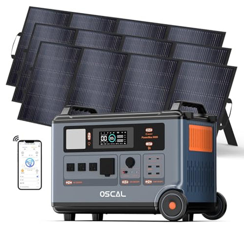 OSCAL PowerMax 6000 Solar Generator with 3×400W Solar Panel, 120V/240V Split Phase Voltage 6000W AC Outlets (9000W Peak), 2200W AC Charging/2400W Solar Charging, Emergency for Home, Battery Backup