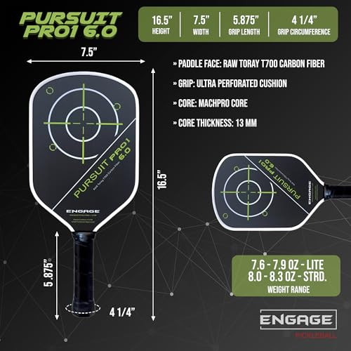 Engage Pursuit Pro1 6.0 Pickleball Paddle - Raw T700 Carbon Fiber for Extreme Spin - MachPro Core for Maximum Power & Control (New, Light Weight (7.6-7.9 Ounce))