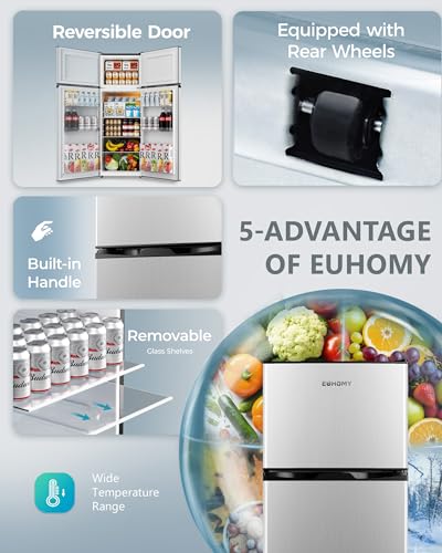 EUHOMY 7.4 Cu.Ft. Refrigerator with Freezer, 2 Door Fridge, Large Capacity,Adjustable Thermostat, Refrigerator for Kitchen/Dorm/Apartment/Garage - Food Storage or Cooling drinks, Silver