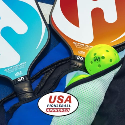 HALO PICKLEBALL Set of 2 Paddles with 4 PICKLEBALLS and Carrying Bag, Fiberglass Surface Pickleball Paddles - Durable Pickleball Paddles Set for 2 - Pickleball Bundle