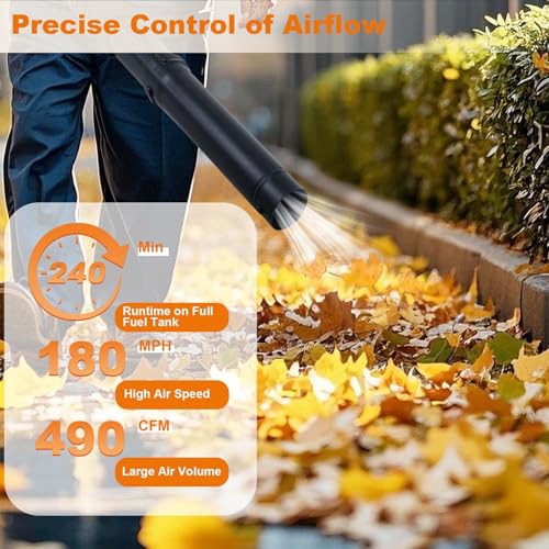 Gas Powered Leaf Blower, 28 CC 1.1-HP 2-Stroke Engine, Powerful 490 CFM & 280 MPH Gas Leaf Blower, Lightweight Handheld Design for Lawn Care, Driveway Cleaning, and Light Snow Removal