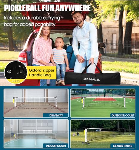 BAGAIL Portable Pickleball Net Set with Wheels, 22 FT Regulation Size & 11 FT Half Court Size 2-in-1 Pickle Ball Net with Ball Collector, Carry Bag, Easy Setup for Outdoor Indoor Driveway - White