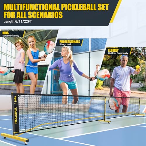 Pickleball Set Net with 4 Paddles, 6FT/11FT/22FT Portable 3-in-1 Pickle Ball Net with Carry Bag, Pickleballs, Designed for All Weather Conditions (3-in-1 Pickleball net with Rackets)