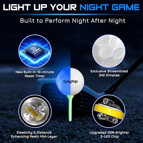 KINGTOP Classic Glow in The Dark Golf Balls with 10-Minute Reset Timer, Super Bright Light Up LED Golf Balls - with Glowing Tees and Storage Bag - Novelty Night Golfing Gift for Men and Women