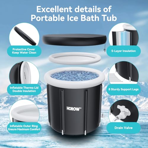 HOROW Ice Bath Cold Plunge Tub with Cover, Multiple Layered Portable Ice Bath Plunge for Cold Water Therapy and Recovery, Indoor & Outdoor Use for Athletes & Adults, 100 Gallons, Black, Round