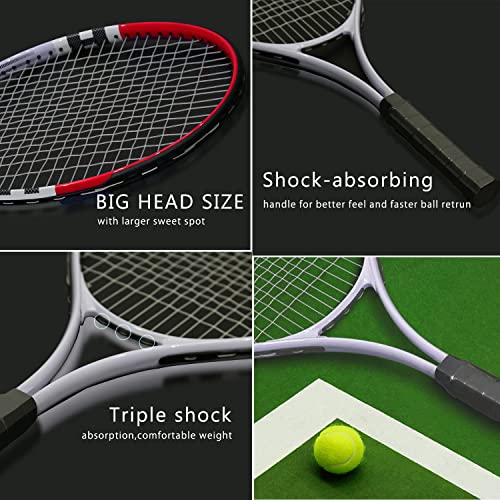 Tennis Racket Pre-Strung Lightweight 27 Inch Racquet Recreational Adult Rackets for Men Women Students Training Tennis Starter Kit with Balls,Carry Bag and Overgrips (Red/White - 2 Rackets)