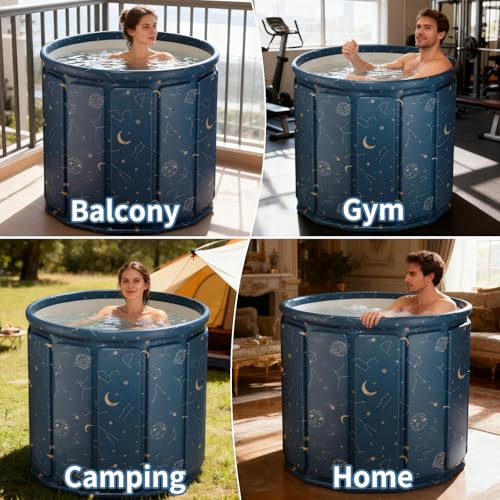 GENDLTHIJ Portable Foldable Hot Cold Bath Tub, Large Portable Hot Cold Bath Tub for Home Outdoors Gyms, Collapsible Soaking Bath Tub for Shower (77Gal) (Blue Planet Insulation Set)