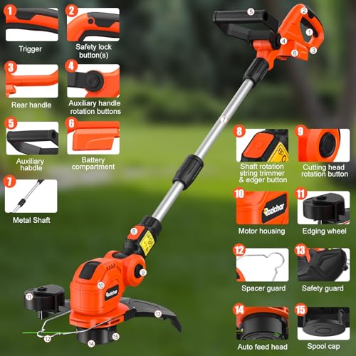 Rozlchar Cordless String Trimmer Compatible for Milwaukee 18v Battery (No Battery), 12'' Grass Trimmers and Lawn Edger with Powerful Motor, Electric Weed Eater with Auto-Line Feed for Yard Garden