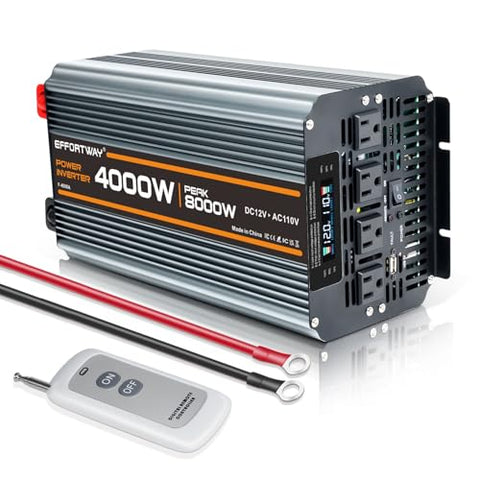 4000w Power Inverter DC 12V to AC 110V/120V Converter with 8000w Peak.Comes with LCD Display, Wireless Controller,4AC outlets 1USB.RV Inverter,Suitable for Camping,and Off-Grid Solar Inverter Systems