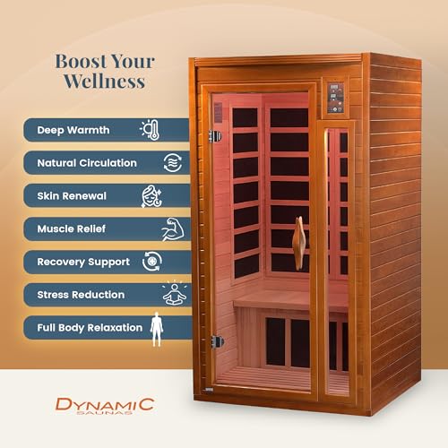 DYNAMIC SAUNAS Barcelona 1- to 2-Person Low EMF FAR Infrared Sauna with Red Light Therapy & Bluetooth Speakers | Personal Indoor Dry Heat Sauna for Home & Gym – Made from Canadian Hemlock