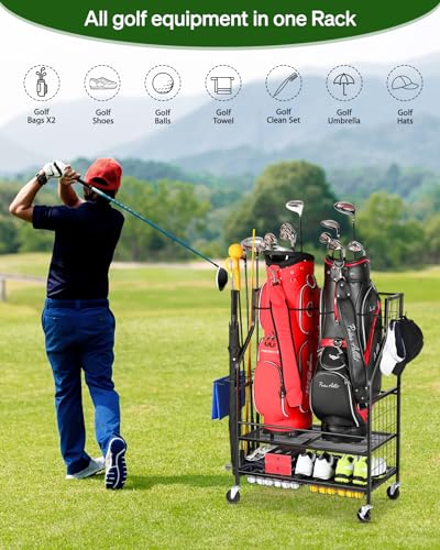 FHXZH Golf Bag Storage Garage Organizer - Golf Bag Stand Fit for 2 Bag, Extra Clubs, Balls, Shoes, and Golf Equipment Accessories, Golf Storage Rack for Garage, Club, Shed (2 Golf Bag Rack)
