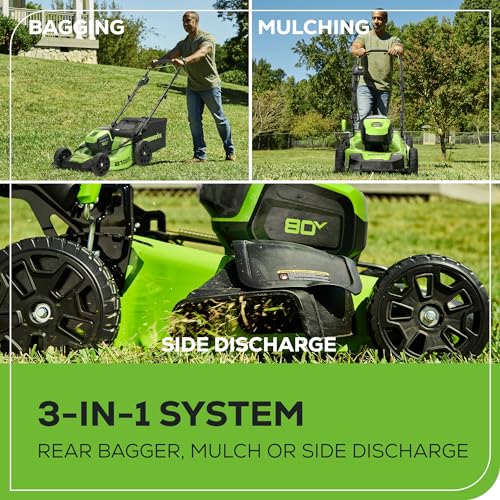 Greenworks 80V 21” Brushless (Push) Cordless Electric Lawn Mower + (500 CFM) Axial Leaf Blower + 13” String Trimmer (75+ Compatible Tools), (2) 2.0Ah Batteries and 30 Minute Rapid Charger