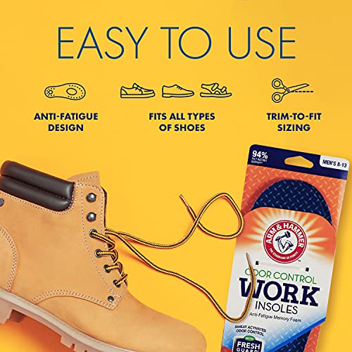 Arm & Hammer Memory Foam Work Insoles for Men and Women, Pair of Anti-Fatigue Memory Foam Inserts with Arch Support for Work Boots, Sneakers, Or Dress Shoes. (1 Pack)
