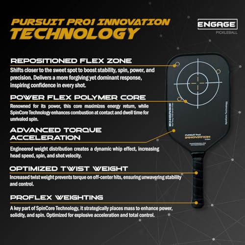 Engage Pursuit Pro1 Innovation Pickleball Paddle, Raw Carbon Fiber, 15.2mm, 7.8-8.2oz, USAPA-Approved, (Arctic Gold, 15.2 mm Core)