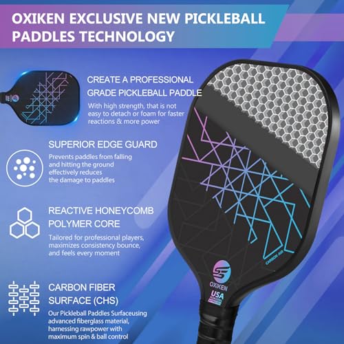 SS OXIKEN Pickleball Paddles Set of 2, USAPA Approved Carbon Fiber Pickle Ball Paddle (CHS) Polypropylene Honeycomb Core, Anti Slip Sweat Absorbing Grip, 2 Outdoor Pickleball, 2 Indoor Pickleball, Bag