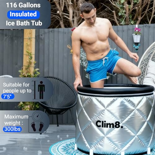 Clim8 Insulated Cold Plunge Tub: Combining an XL Ice Bath Tub & a Thermal UV-Reflective Cover for Indoor and Outdoor Use,Portable Icy Tub with Dual Drain Systerm for Fast and Easy Drainage