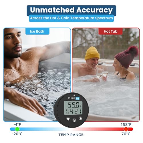 Pure55 PlungeGauge 3-in-1 Cold Plunge Thermometer with Clock & Timer - Ice Bath Water Thermometer with Easy 3-Button Control - Floating Design & IPX7 Waterproof with Audible Beep & LED Indicators