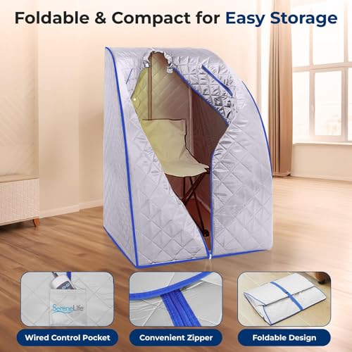 SereneLife Portable Sauna Box for Home, Infrared Sauna Tent with Heated Foot Pad and Folding Chair, Remote Control In-Home Spa, 38" x 32”