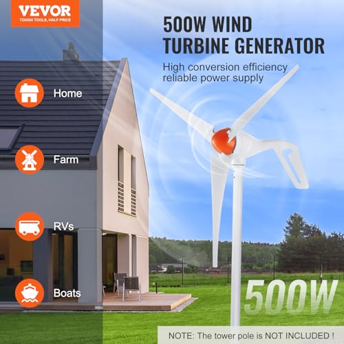 VEVOR 12V-500W Wind Turbine Generator Kit with Anemometer, 3-Blade Wind Power Generator, MPPT Controller & Adjustable Windward Direction, Suitable for Home, RVs, Boats, Farm