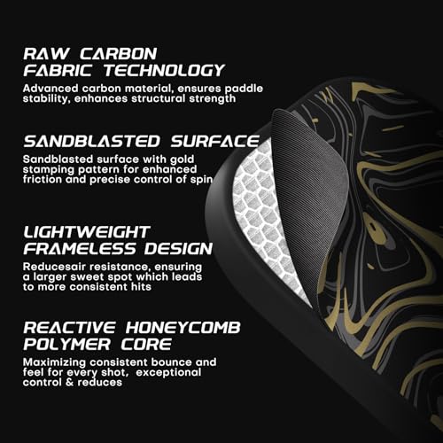 LUZZ Frameless Pickleball Paddle, Ultra Thermoformed GoldenVeil(16mm) T700 Carbon Fiber No Edge Pickleball Paddles Friction Surface for Spin Edgeless Pickle Ball Rackets for Players