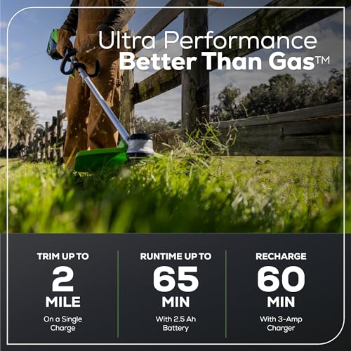 Greenworks 60V 16" Brushless Cordless String Trimmer - 65min Runtime for 2-Mile Fence Lines & Large Properties, 2X Quieter Than Gas, 2.5Ah Battery/Charger Included
