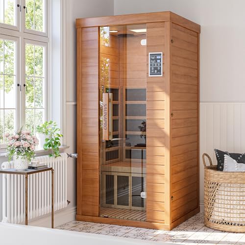 Saunapro 1- Person Infrared Sauna, Remotely Controllable Indoor Sauna, Low EMF 1200W/120V LCD Heater, WiFi & BT Control, 9-Color Light Therapy, Safe Flame-Retardant Material, Wood