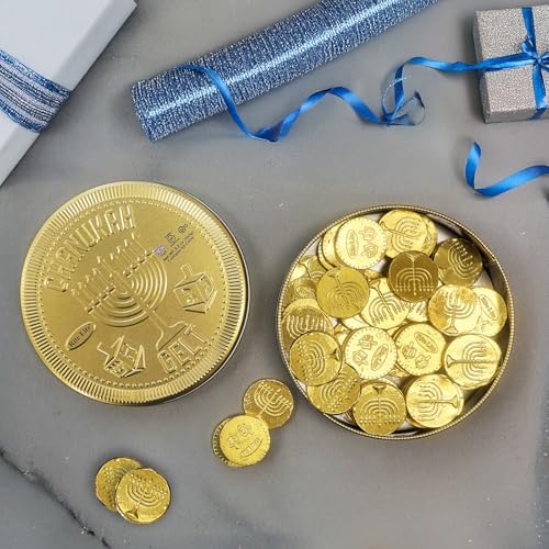 Hanukkah Chocolate Gelt Gold Collectible Tin with 3gr, 50 Gold Foiled Coins, Kosher Dairy Chanukah – Festive Jewish Holiday Party Favors Metal Tin Judaica Hostess Gifts Made in Israel 5.3oz