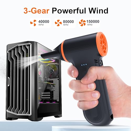JUFINX X117 Compressed Air Duster-150000RPM Super Power Snow Blower, 3-Gear Adjustable Mini Blower with Fast Charging, Electric Air Duster for Leaves,Snow,Computer, Keyboard, House, Outdoor,and Car