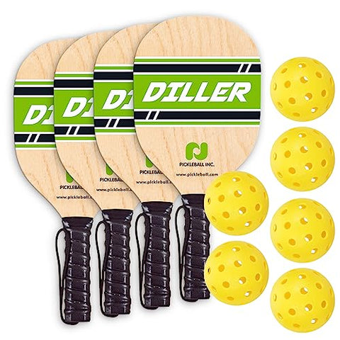 Diller Pickleball Paddle Bundle for 4 Players, Includes 4 Diller Pickleball Paddles, 6 Yellow Pickleballs