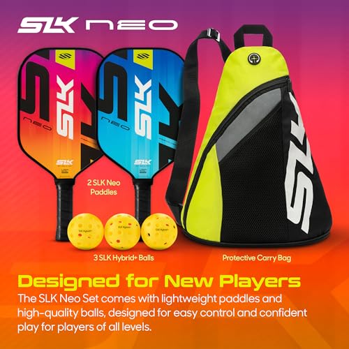 Selkirk Sport SLK Neo Fiberglass Pickleball Paddles Set of 2 | Designed in The USA | Complete Pickleball Set with 2 Pickle Ball Rackets, 3 Hybrid+ Balls, and SLK Sling Bag | Electric Sunset & Oasis