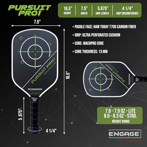 Engage Pursuit Pro1 Pickleball Paddle - Raw T700 Toray Carbon Fiber for Extreme Spin - MachPro Core for Maximum Power & Control (Alpine Lime, Light Weight (7.6-7.9oz))