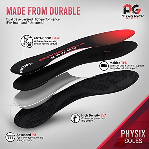 Physix Gear Orthotic Insoles for Men & Women - Arch Support Orthotics Insole, Orthopedic Insoles, Inserts for Men & Women, Foot Insoles for Plantar Fasciitis Comfort, Shoe Insert, Feet, Red/Black, S