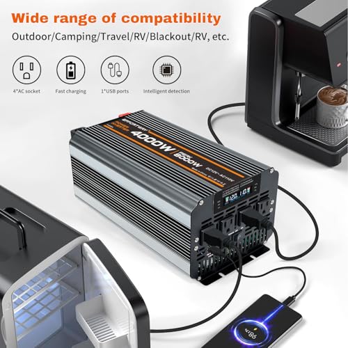 4000w Power Inverter DC 12V to AC 110V/120V Converter with 8000w Peak.Comes with LCD Display, Wireless Controller,4AC outlets 1USB.RV Inverter,Suitable for Camping,and Off-Grid Solar Inverter Systems