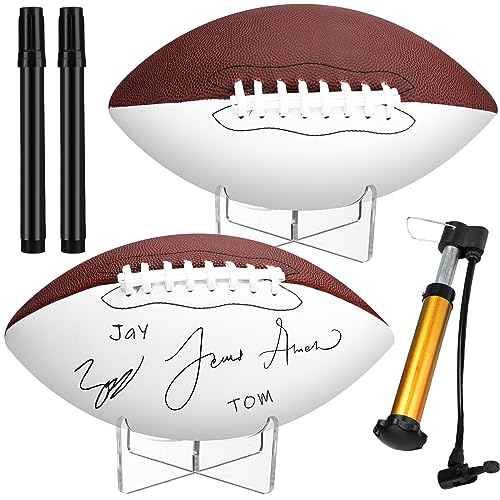 Liliful 2 Pcs Autograph Football Basketball Blank Official Size with 2 Stand 2 Signature Pen 1 Pump for Fantasy Trophy Anniversary Birthday Graduation(Size 9,2 Sides White Football)